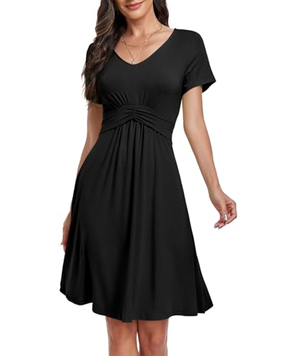 Muwodkdn Damen Sommerkleider V-Ausschnitt Damen T-Shirt Kleid A-line Strandkleid Knielang Retro Kleider Female Kleid Elegant Partykleid Rüschenkleid Freizeitkleid Schwarz XL von Muwodkdn