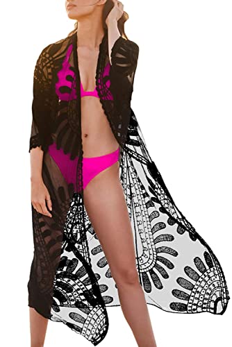 Muwodkdn Damen Spitze Bikini Cover Up Sommer Strand Badeanzug Bedecken Pareos Kimono Cardigan Strandkleid Lang One Size (Schwarz-03,Einheitsgröße) von Muwodkdn