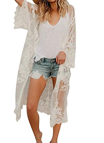 Muwodkdn Damen Spitze Bikini Cover Up Sommer Strand Badeanzug Bedecken Pareos Kimono Cardigan Strandkleid Lang One Size Weiß A von Muwodkdn