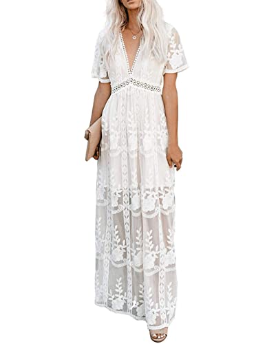 Muwodkdn Damen Spitze Kleider Lang Female Maxikleid V-Ausschnitt Freizeitkleider Elegant Abendkleider Ballkleid für Hochzeit Cocktailkeider（Weiß, XXL） von Muwodkdn
