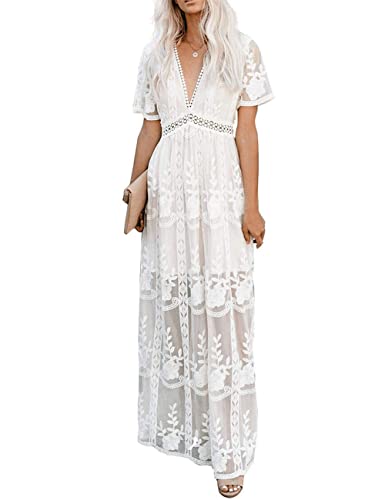 Muwodkdn Damen Spitze Kleider Lang Female Maxikleid V-Ausschnitt Freizeitkleider Elegant Abendkleider Ballkleid für Hochzeit Cocktailkeider（Weiß;M） von Muwodkdn