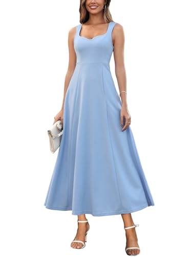 Muwodkdn Damen V-Ausschnitt Sommerkleider Ärmellos Kleider Casual A-Linie Maxi Kleider Elegantes Hochzeitsgast Abendkleider Geripptes Lockerer Maxikleid Brautjungfer Kleid Blau L von Muwodkdn