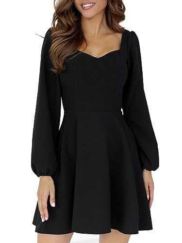 Muwodkdn Damen Vintage Cocktailkleid Langarm V-Ausschnitt Midi Langarm Festliches Kleider A-Line Swing Knielang Cocktailkleider für Damen Party Kleid Schwarz XXL von Muwodkdn