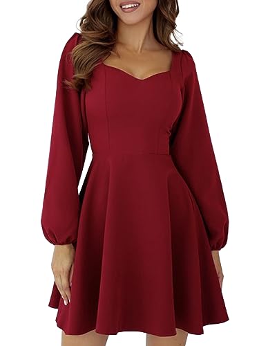 Muwodkdn Damen Vintage Cocktailkleid Langarm V-Ausschnitt Midi Langarm Festliches Kleider A-Line Swing Knielang Cocktailkleider für Damen Party Kleid Weinrot XXL von Muwodkdn