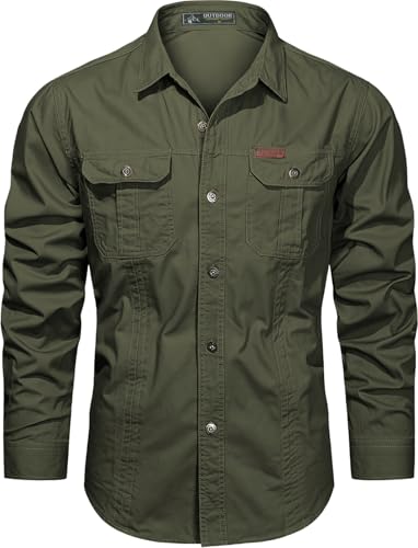 Muwodkdn Herren Hemd Baumwolle Langarm Cargo Arbeitshemd mit Taschen Taktisches Hemd utdoor Arbeitshemd Safarihemd Freizeithemd Armeegrün L von Muwodkdn