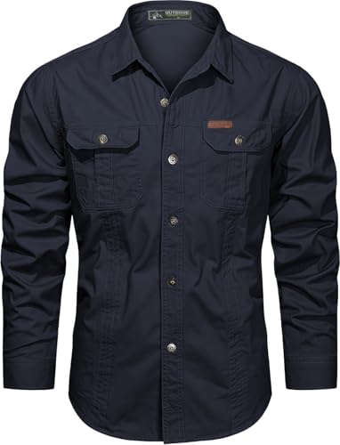 Muwodkdn Herren Hemd Baumwolle Langarm Cargo Arbeitshemd mit Taschen Taktisches Hemd utdoor Arbeitshemd Safarihemd Freizeithemd Marineblau XXL von Muwodkdn