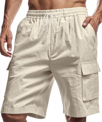 Muwodkdn Kurze Hosen Herren Sommer Leinenhose Shorts 4 Taschen Freizeithose Elastische Taille mit Tunnelzug Strandhose Aprikose 3XL von Muwodkdn