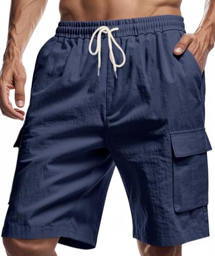 Muwodkdn Kurze Hosen Herren Sommer Leinenhose Shorts 4 Taschen Freizeithose Elastische Taille mit Tunnelzug Strandhose Marineblau L von Muwodkdn
