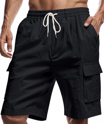 Muwodkdn Kurze Hosen Herren Sommer Leinenhose Shorts 4 Taschen Freizeithose Elastische Taille mit Tunnelzug Strandhose Schwarz 3XL von Muwodkdn