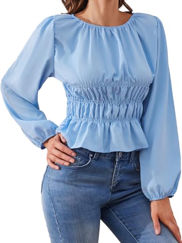 Muwodkdn Langarmbluse Damen Rundhalsausschnitt Bluse Elegant Langarmshirt mit Modischen Raffungen Chiffon Laternenärmel Oberteil Blau L von Muwodkdn