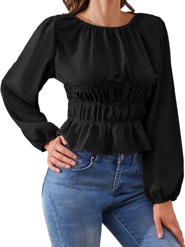 Muwodkdn Langarmbluse Damen Rundhalsausschnitt Bluse Elegant Langarmshirt mit Modischen Raffungen Chiffon Laternenärmel Oberteil Schwarz XXL von Muwodkdn