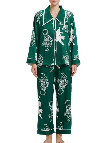 Muwodkdn Satin Damen Schlafanzug mit Knopfleiste Langarm Nachtwäsche Weicher Satin Tiger Print Seiden Pyjamas Set Nachtwäsche Hausanzug PJs Dunkelgrün L von Muwodkdn