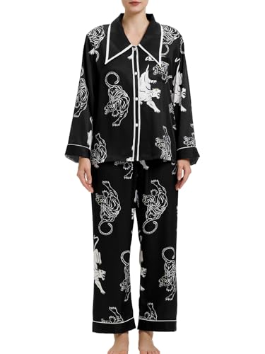Muwodkdn Satin Damen Schlafanzug mit Knopfleiste Langarm Nachtwäsche Weicher Satin Tiger Print Seiden Pyjamas Set Nachtwäsche Hausanzug PJs Schwarz M von Muwodkdn