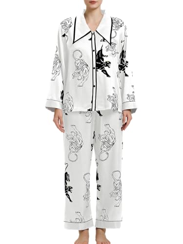 Muwodkdn Satin Damen Schlafanzug mit Knopfleiste Langarm Nachtwäsche Weicher Satin Tiger Print Seiden Pyjamas Set Nachtwäsche Hausanzug PJs Weiß S von Muwodkdn