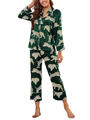 Muwodkdn Satin Schlafanzug Damen mit Knopfleiste Langarm Nachtwäsche V-Ausschnitt Seide Pyjama Set Zweiteiliger Nachtwäsche Hausanzug PJs Grün L von Muwodkdn