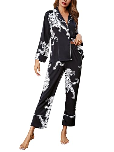 Muwodkdn Satin Schlafanzug Damen mit Knopfleiste Langarm Nachtwäsche V-Ausschnitt Seide Pyjama Set Zweiteiliger Nachtwäsche Hausanzug PJs Schwarz M von Muwodkdn