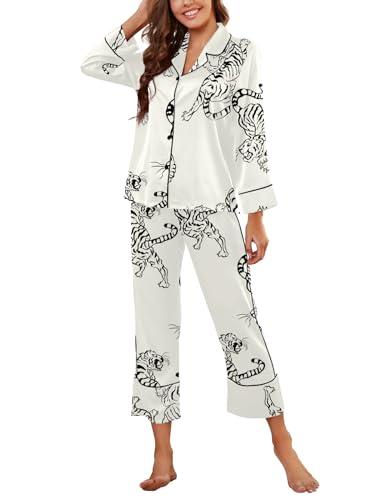 Muwodkdn Satin Schlafanzug Damen mit Knopfleiste Langarm Nachtwäsche V-Ausschnitt Seide Pyjama Set Zweiteiliger Nachtwäsche Hausanzug PJs Weiß S von Muwodkdn