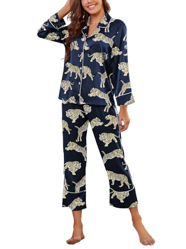 Muwodkdn Satin Schlafanzug Damen mit Knopfleiste Langarm Nachtwäsche V-Ausschnitt Seide Tiger Pyjama Set Zweiteiliger Nachtwäsche Hausanzug PJs Blau XXL Muwodkdn Satin Schlafanzug Damen mit Knopfleiste Langarm Nachtwäsche V-Ausschnitt Seide Tiger Pyjama Set Zweiteiliger Nachtwäsche Hausanzug PJs Blau XXL von Muwodkdn