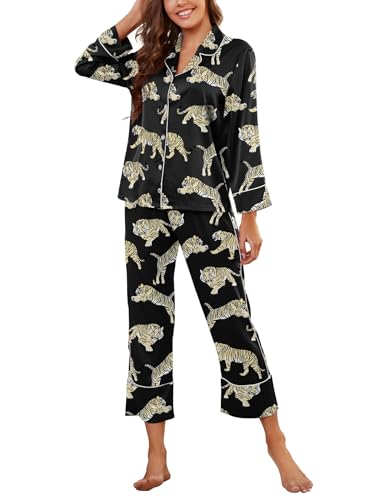 Muwodkdn Satin Schlafanzug Damen mit Knopfleiste Langarm Nachtwäsche V-Ausschnitt Seide Tiger Pyjama Set Zweiteiliger Nachtwäsche Hausanzug PJs Schwarz1 XXL von Muwodkdn