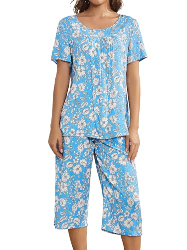 Muwodkdn Schlafanzug Damen Sommer Kurzarm T Shirt und Lang Schlafanzughosen Rundhalsausschnitt Nachtwäsche Set Blau XXL von Muwodkdn