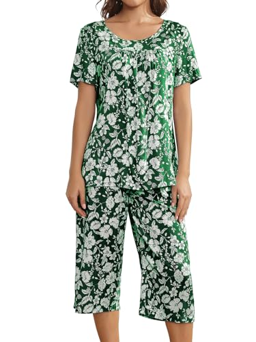 Muwodkdn Schlafanzug Damen Sommer Kurzarm T Shirt und Lang Schlafanzughosen Rundhalsausschnitt Nachtwäsche Set Grün XXL von Muwodkdn