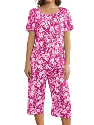 Muwodkdn Schlafanzug Damen Sommer Kurzarm T Shirt und Lang Schlafanzughosen Rundhalsausschnitt Nachtwäsche Set Rot L von Muwodkdn