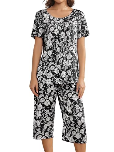 Muwodkdn Schlafanzug Damen Sommer Kurzarm T Shirt und Lang Schlafanzughosen Rundhalsausschnitt Nachtwäsche Set Schwarz XXL von Muwodkdn