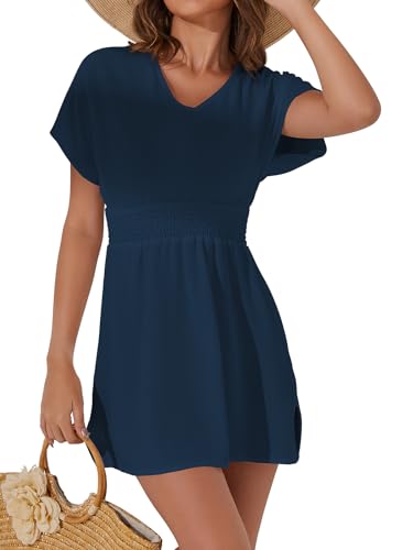 Muwodkdn Strandkleid Damen V-Ausschnitt Chiffon Kleid Casual Bikini Cover Up Mini Strandkleid Elegant Strandkleider Knielang Strandponcho Blau M von Muwodkdn