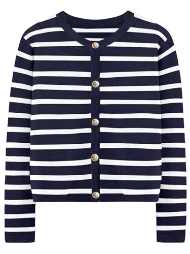 Muwodkdn Strickjacke Damen Kurz Gestreifte Cardigan Open Front Rundhalsausschnitt Sweater Elegant Casual Strickcardigan Pullover Knöpfe Strickmantel Blau XXL von Muwodkdn