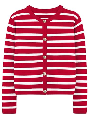 Muwodkdn Strickjacke Damen Kurz Gestreifte Cardigan Open Front Rundhalsausschnitt Sweater Elegant Casual Strickcardigan Pullover Knöpfe Strickmantel Rot L von Muwodkdn