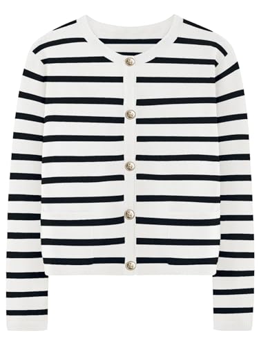 Muwodkdn Strickjacke Damen Kurz Gestreifte Cardigan Open Front Rundhalsausschnitt Sweater Elegant Casual Strickcardigan Pullover Knöpfe Strickmantel Weiß XXL von Muwodkdn