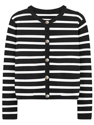 Muwodkdn Strickjacke Damen Kurz Gestreifte Cardigan Open Front Rundhalsausschnitt Sweater Elegant Casual Strickcardigan Pullover Knöpfe Strickmantel Schwarz M von Muwodkdn