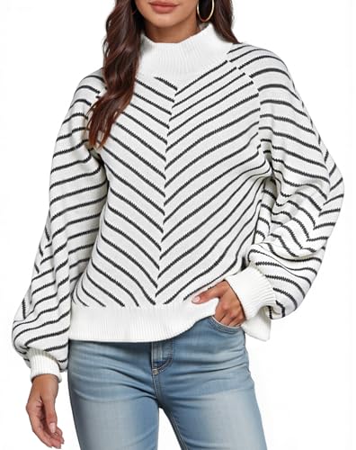 Muwodkdn Strickpullover Damen Winter Gestreift Rollkragenpullover Langarm Warm Weich Pullover Herbst/Winter Pulli Elegant Weiß M von Muwodkdn