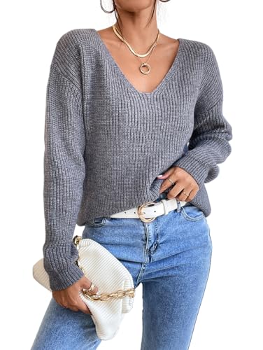 Muwodkdn Strickpullover Damen mit Spitze V-Ausschnitt Pullover Oversize Langarm Pulli Sweatshirt Elegant Sweater Grau M von Muwodkdn