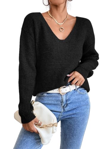 Muwodkdn Strickpullover Damen mit Spitze V-Ausschnitt Pullover Oversize Langarm Pulli Sweatshirt Elegant Sweater Schwarz M von Muwodkdn