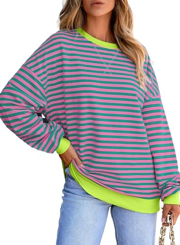 Muwodkdn Sweatshirt Damen Baumwolle Gestreiftes Rundhal Locker Langarmshirt Color Block Lose Pullover Y2K Shirt Oversized Rosa L von Muwodkdn