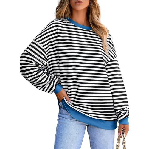 Muwodkdn Sweatshirt Damen Baumwolle Gestreiftes Rundhal Locker Langarmshirt Color Block Lose Pullover Y2K Shirt Oversized Schwarz XL von Muwodkdn