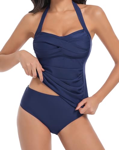 Muwodkdn Tankini Damen Bauchweg Zweiteilig Bademode Set Bikini Zweiteiler Push Up Badeanzüge mit BH Tankinioberteil und Badeshorts Badebekleidung Marineblau XXL von Muwodkdn