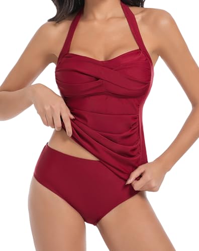 Muwodkdn Tankini Damen Bauchweg Zweiteilig Bademode Set Bikini Zweiteiler Push Up Badeanzüge mit BH Tankinioberteil und Badeshorts Badebekleidung Weinrot XXL von Muwodkdn