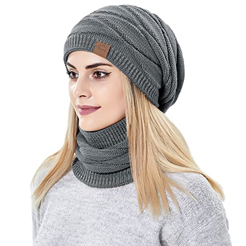 Muwodkdn Winter Warme Mütze Beanie Schal Set Cap Neck Warmer Warme Strickmützen,Schal mit Dicke Fleecefutter für Damen und Herren Strick Wintermütze Winterschal Grau von Muwodkdn