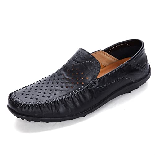 Driving Mokassins Loafer Schuhe für Herren Echtes Leder Runde Zehen Nähte Details Perforiert Atmungsaktiv Flache Ferse Flexibel Rutschfest Leicht, Schwarz , 42 1/3 EU von Muyin