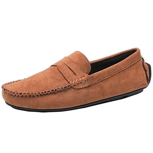 Schuhe Smoking Loafer für Herren, echtes Leder, runde Zehenpartie, Wildleder, Vamp Pennyloafer, resistent, flacher Absatz, rutschfest, zum Gehen, aprikose, 42 2/3 EU von Muyin