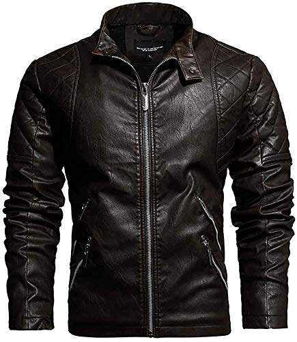 Herren Lederjacke Stehkragen Motorradjacke Klassisch Winter Kunstleder Jacke - Braun - X-Large von Muzboo