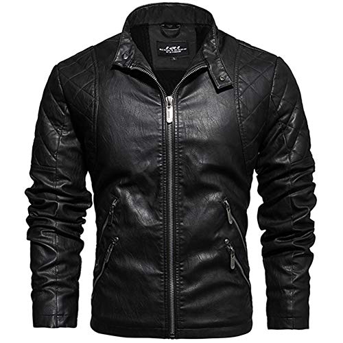 Herren Lederjacke Stehkragen Motorradjacke Klassisch Winter Kunstleder Jacke - Schwarz - X-Large von Muzboo