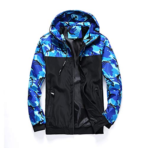 Herren Windbreaker mit Kapuze, leicht, winddicht, schnelltrocknend, Reißverschluss, Camouflage, blau, M von Muzboo