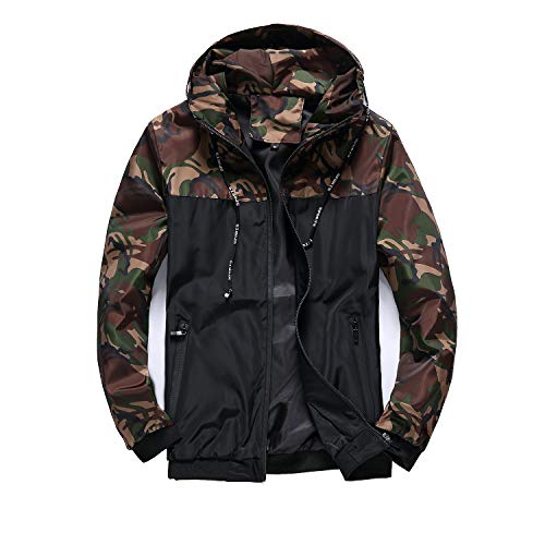 Herren Windbreaker mit Kapuze, leicht, winddicht, schnelltrocknend, Reißverschluss, Camouflage, Grün , Groß von Muzboo