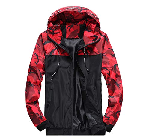 Herren Windbreaker mit Kapuze, leicht, winddicht, schnelltrocknend, Reißverschluss, Camouflage, rot, L von Muzboo