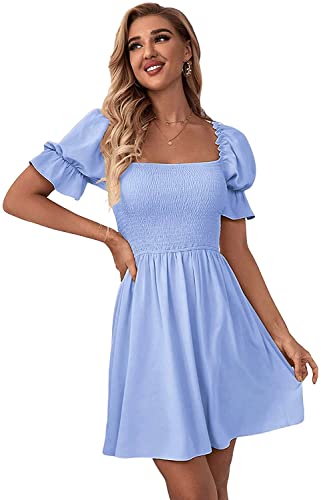 Minikleid mit Eckiger Ausschnitt für Damen, A-Linienkleid mit Puffärmeln Ärmeln für Sommer Blue-XS von Muzboo