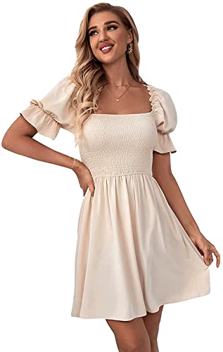 Minikleid mit Eckiger Ausschnitt für Damen, A-Linienkleid mit Puffärmeln Ärmeln für Sommer Off White-L von Muzboo