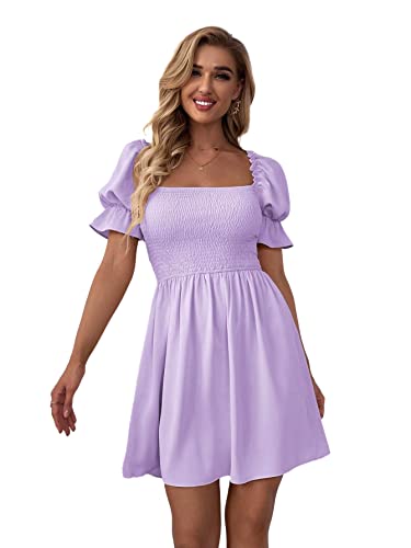 Minikleid mit Eckiger Ausschnitt für Damen, A-Linienkleid mit Puffärmeln Ärmeln für Sommer Purple-S von Muzboo